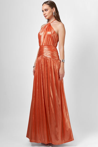 Aisha Ruched High Neck Gown - Orange