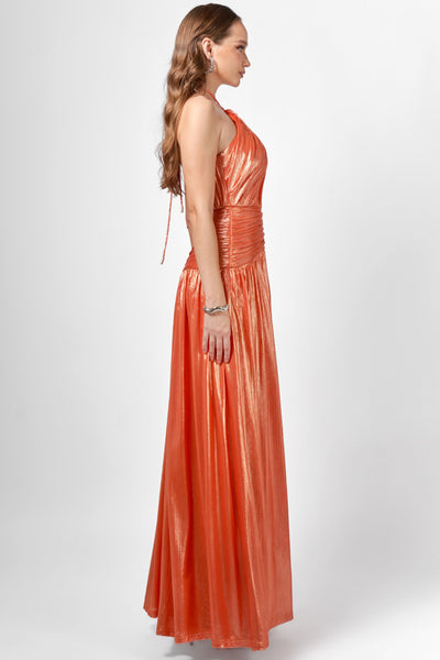 Aisha Ruched High Neck Gown - Orange