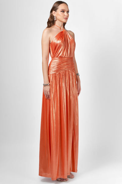 Aisha Ruched High Neck Gown - Orange