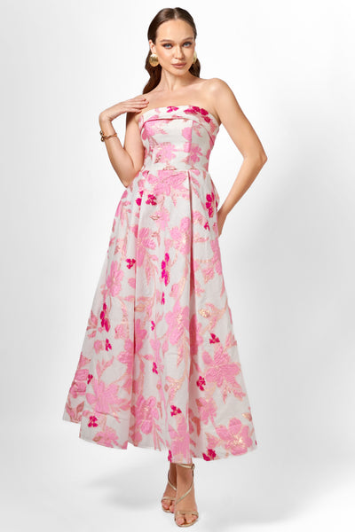 Alanna Strapless Jacquard A-Line Midi Dress- Pink