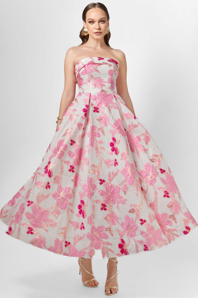 Alanna Strapless Jacquard A-Line Midi Dress- Pink