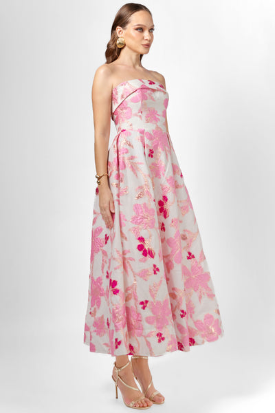 Alanna Strapless Jacquard A-Line Midi Dress- Pink