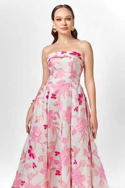 Alanna Strapless Jacquard A-Line Midi Dress- Pink