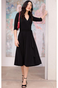 3/4 Sleeve Reverse Wrap Midi Dress - Black