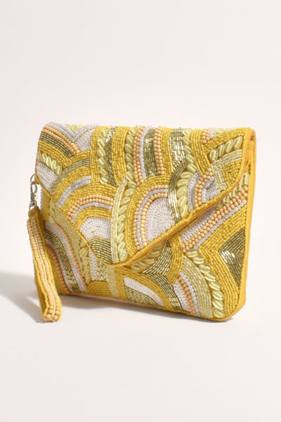 Bead Sequin Mix Pattern Fold Over Clutch - Yellow Multi