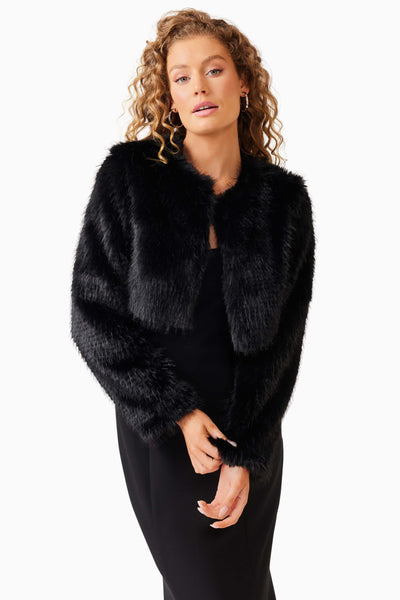 Desiree Cropped Faux Fur Jacket - Black