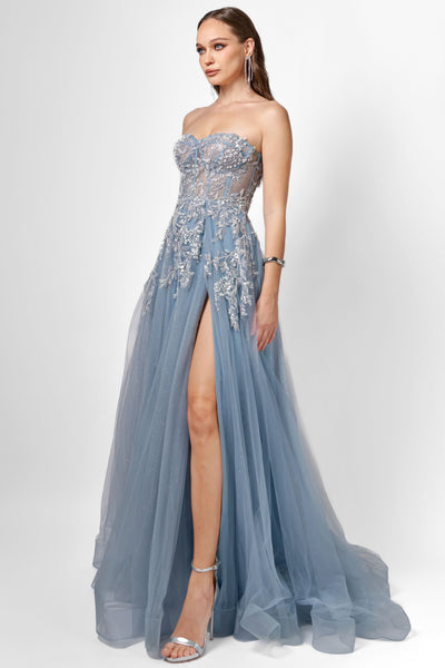 Emmy Strapless Ball Gown - Steel Blue
