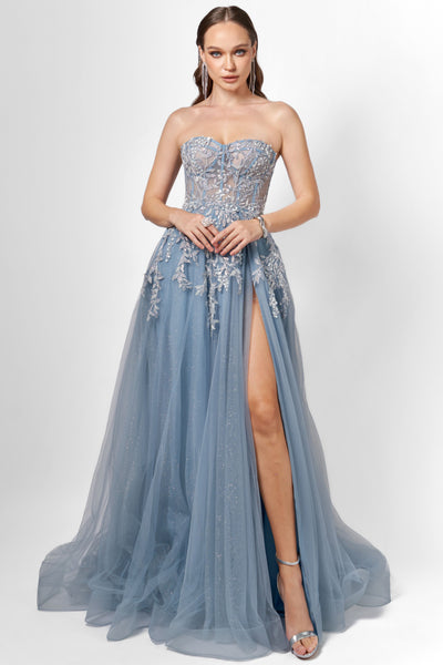 Emmy Strapless Ball Gown - Steel Blue