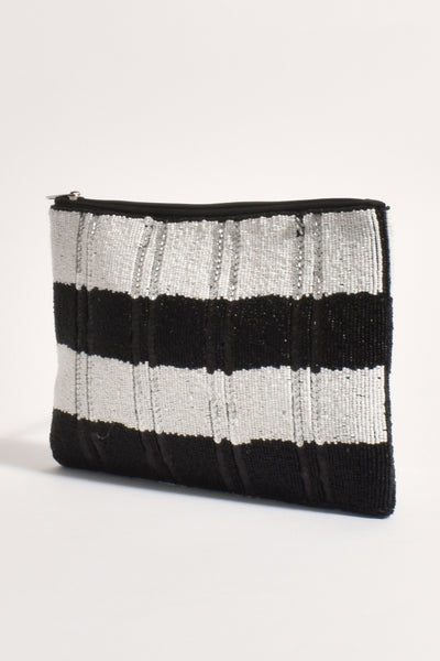 Hand Beaded Stripe Event Clutch - White Black