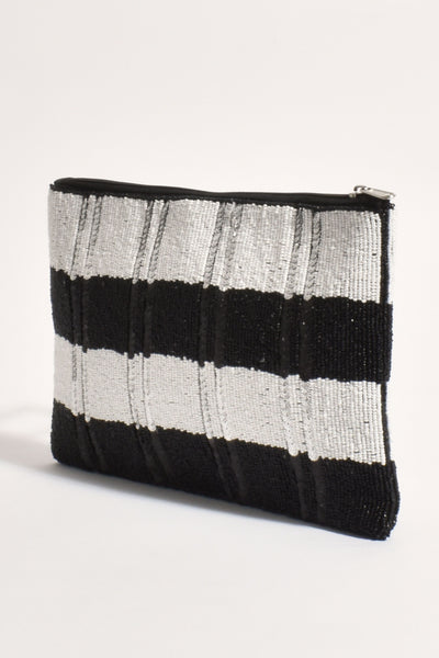 Hand Beaded Stripe Event Clutch - White Black
