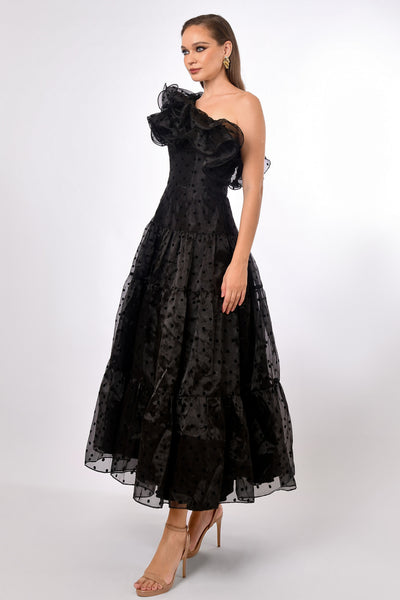 Imani Dramatic Frill Midaxi - Black Spot SIZE 8 ONLY