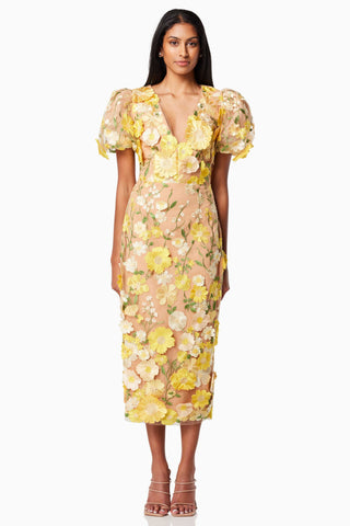 Indie 3D Flower Midi Dress - Yellow SIZE S/8 ONLY