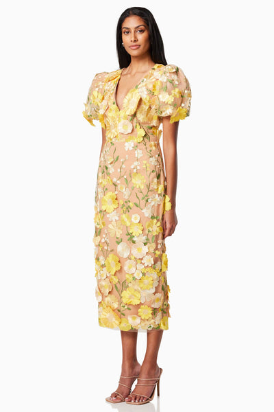 Indie 3D Flower Midi Dress - Yellow SIZE S/8 ONLY