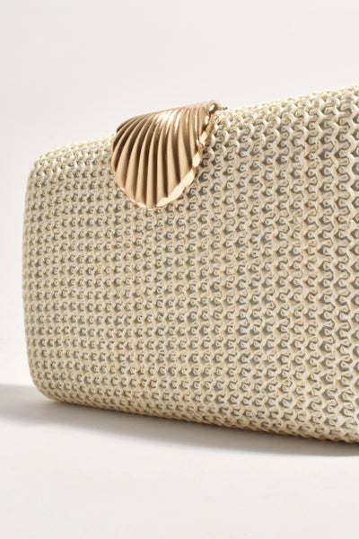 Livy Shell Clasp Woven Structured Clutch - Cream