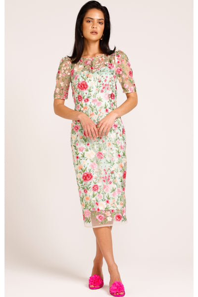 Mademoiselle Midi Dress - Pink Green Flower