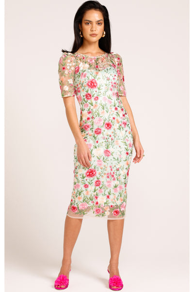 Mademoiselle Midi Dress - Pink Green Flower