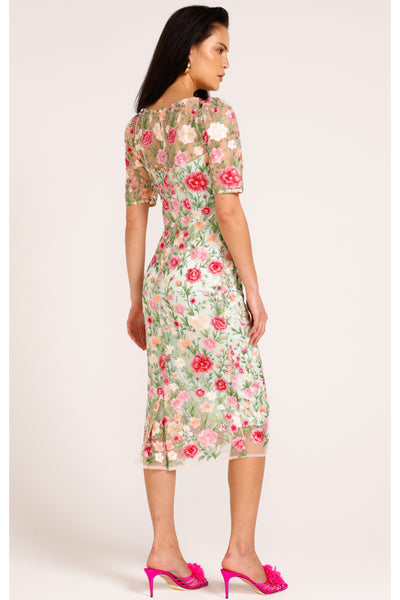 Mademoiselle Midi Dress - Pink Green Flower