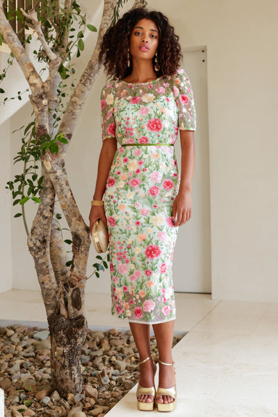 Mademoiselle Midi Dress - Pink Green Flower