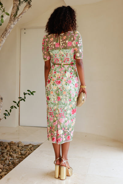 Mademoiselle Midi Dress - Pink Green Flower