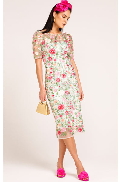 Mademoiselle Midi Dress - Pink Green Flower