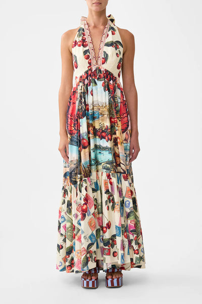 Notes from the Road Ruffle Hem Halter Dress