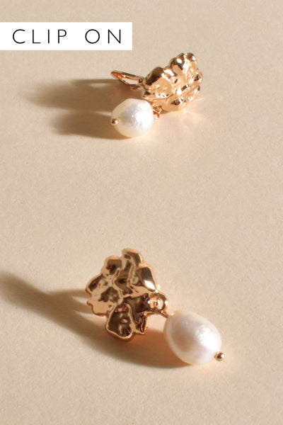 Organic Shape Pearl Drop Clip On Earrings - Gold Cream