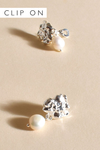 Organic Shape Pearl Drop Clip On Earrings - Silver Cream