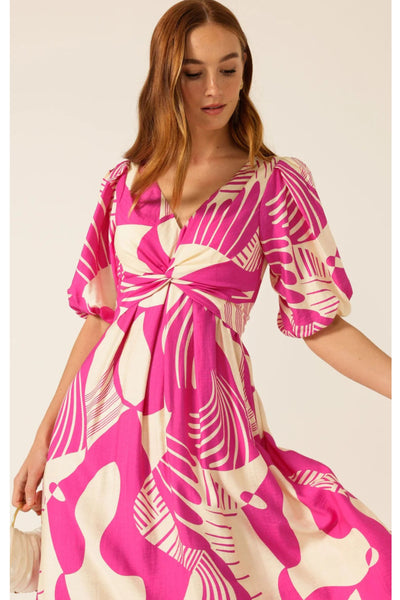 Paloma Twist Dress - Magenta Cream Abstract