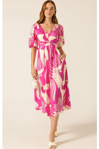 Paloma Twist Dress - Magenta Cream Abstract
