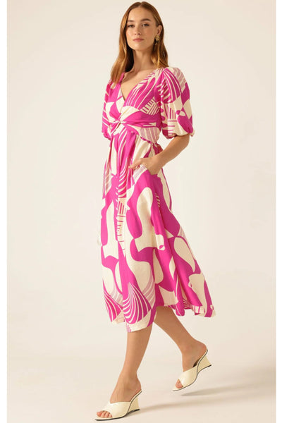 Paloma Twist Dress - Magenta Cream Abstract