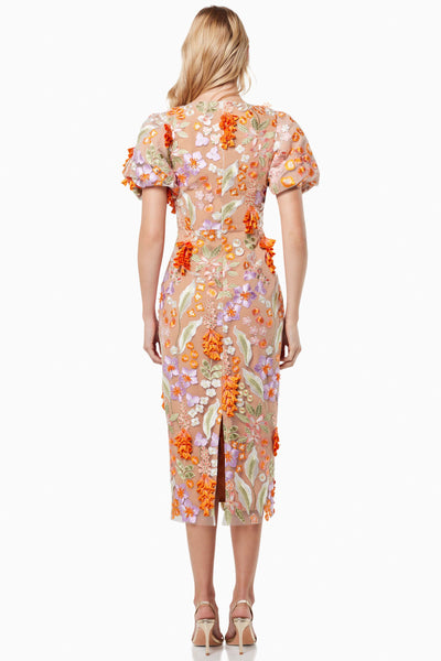 Remix 3D Flowers Midi Dress - Orange Multi