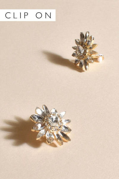 Spiked Floral Jewel Clip On Earrings - Crystal Gold