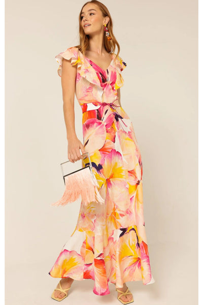 Summer Fiesta Maxi Dress - Pink Orange Hibiscus