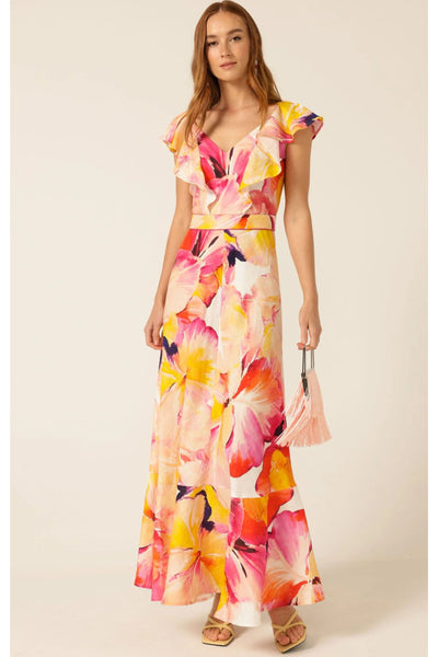 Summer Fiesta Maxi Dress - Pink Orange Hibiscus