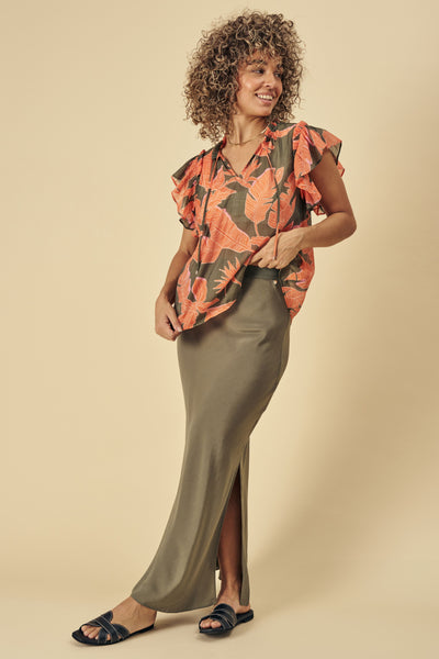 Tea Grace Blouse - Dusty Olive/Firecracker SIZE XS/8/10 ONLY