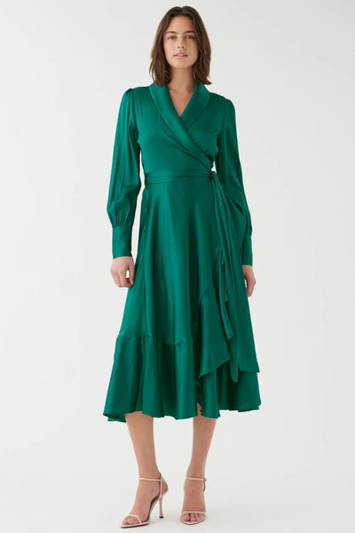 Vitah Silk Flounce Wrap Dress - Myrtle Green