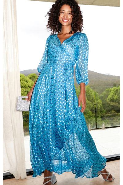 We Float Silk Wrap Maxi Dress - Sky Blue Poppy SIZE 8 ONLY