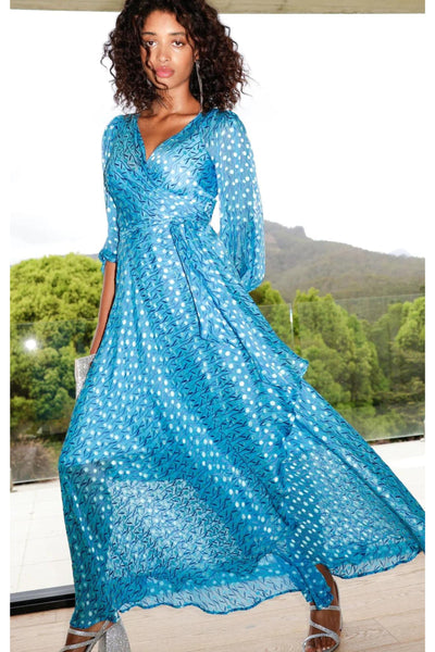 We Float Silk Wrap Maxi Dress - Sky Blue Poppy SIZE 8 ONLY
