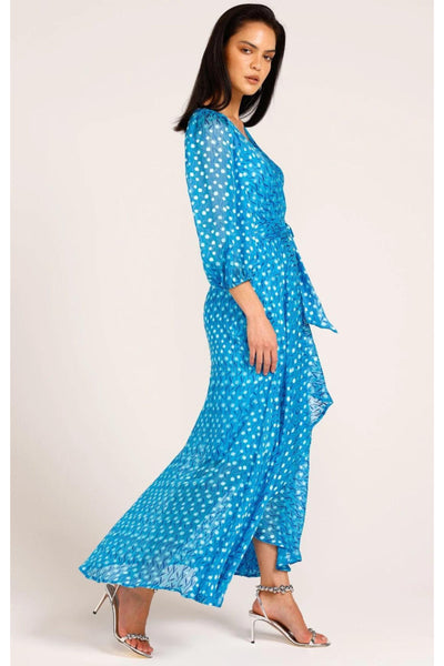 We Float Silk Wrap Maxi Dress - Sky Blue Poppy SIZE 8 ONLY