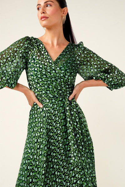 Wonderland Midi Wrap Dress - Emerald Poppy