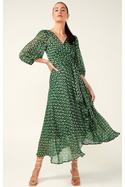 Wonderland Midi Wrap Dress - Emerald Poppy