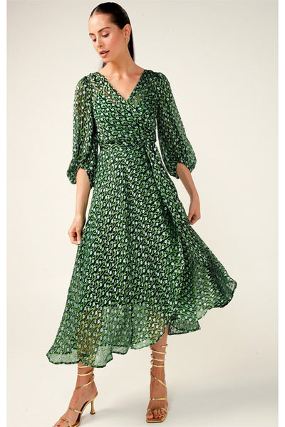 Wonderland Midi Wrap Dress - Emerald Poppy
