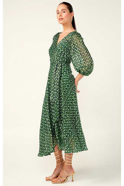 Wonderland Midi Wrap Dress - Emerald Poppy