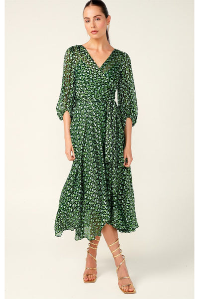 Wonderland Midi Wrap Dress - Emerald Poppy