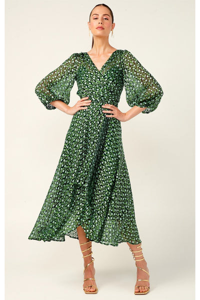 Wonderland Midi Wrap Dress - Emerald Poppy