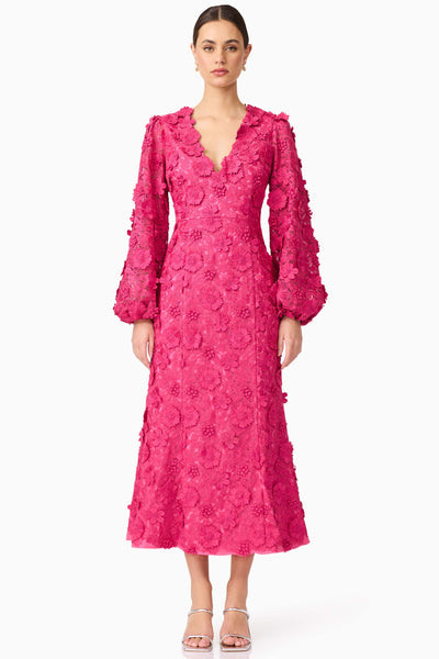 Claudia Long Sleeve 3D Flower Midi Dress - Fuchsia Pink SIZE XL/14 ONLY