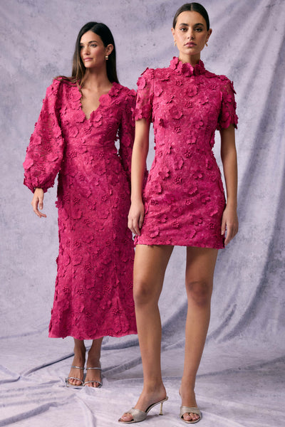 Claudia Long Sleeve 3D Flower Midi Dress - Fuchsia Pink SIZE XL/14 ONLY