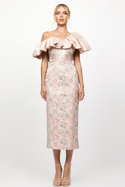 Scarlet Jacquard One Shoulder Midi Dress - Blush