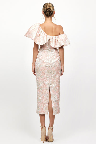 Scarlet Jacquard One Shoulder Midi Dress - Blush