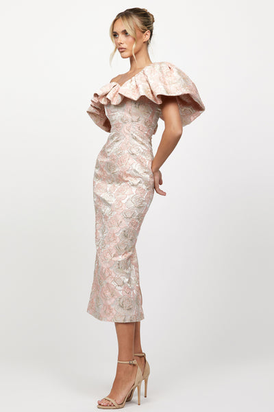 Scarlet Jacquard One Shoulder Midi Dress - Blush